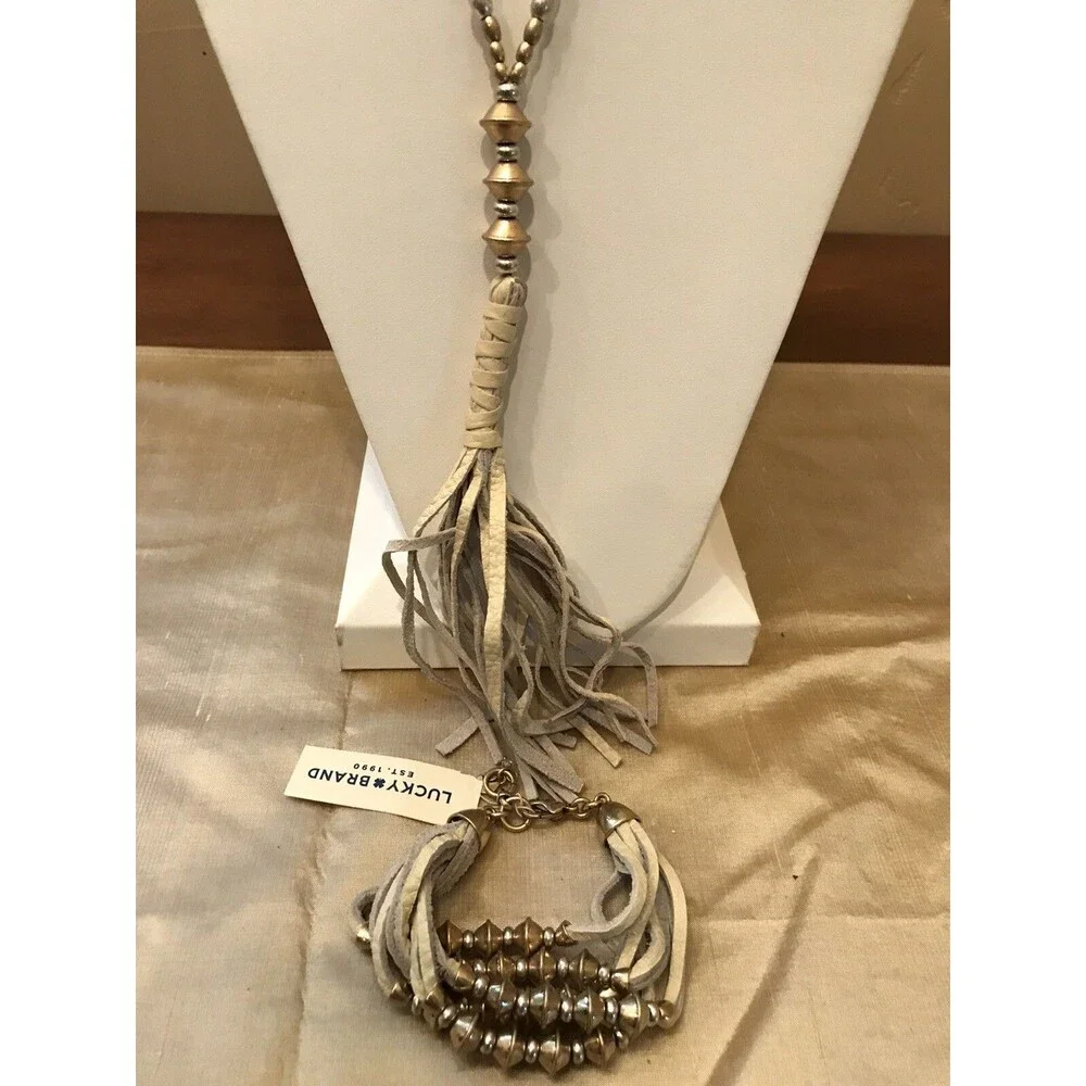 Lucky Brand Leather Tassel Pendant Necklace Bracelet Set